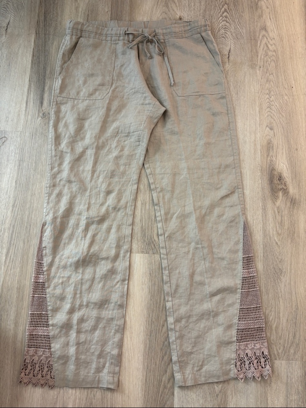 La Blanca Tan 100% Linen Crochet Lace Wide Leg Beach Pants - M resortwear boho